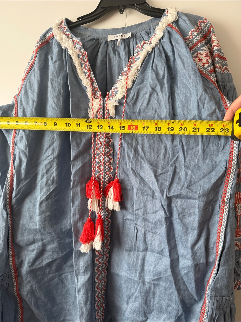 Frame Denim Light Blue Embroidered Dress with Red Tassels - Picture 5 of 6